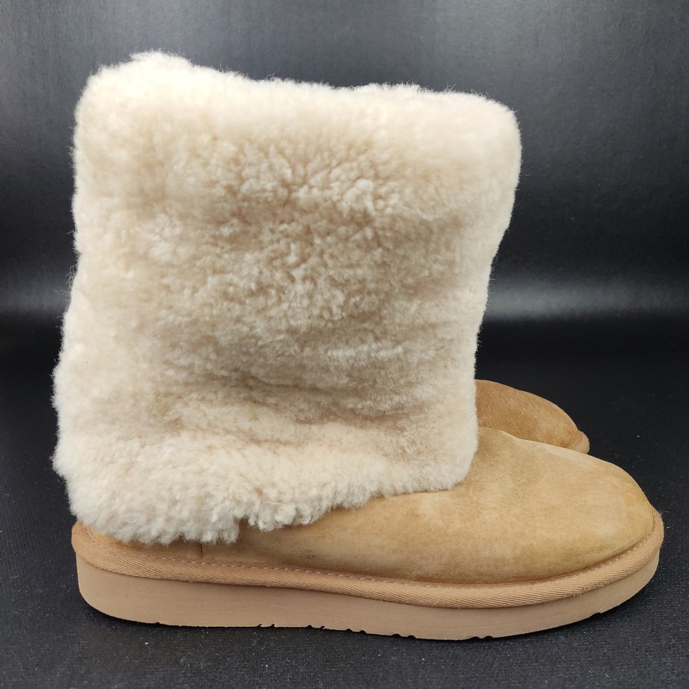 UGG Boots Women 7 Tan 1006011 Shaye Sheepskin Fur Suede Winter Mid Calf Cozy
